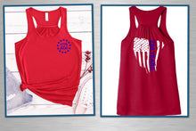 Load image into Gallery viewer, Two red tank tops with patriotic designs on a white background