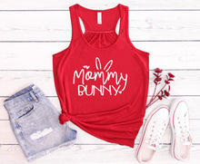 Load image into Gallery viewer, Red tank top with 'Mommy Bunny' text, denim shorts, and white sneakers on a wooden surface.