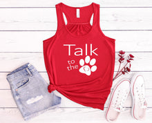 Load image into Gallery viewer, Red tank top with 'Talk to the Paw' text, denim shorts, and white sneakers on a wooden surface.