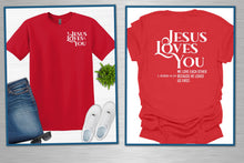 Load image into Gallery viewer, Red t-shirt with 'Jesus Loves You' text on a gray background