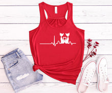 Load image into Gallery viewer, Red tank top with a cat heart design, denim shorts, and pink sneakers on a wooden surface.