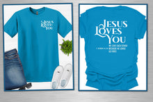 Load image into Gallery viewer, Blue t-shirt with 'Jesus Loves You' text on a white background