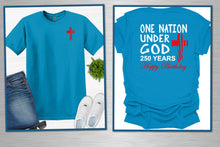 Load image into Gallery viewer, Two blue t-shirts with different designs on a white background