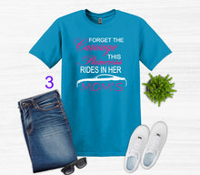 Load image into Gallery viewer, Blue t-shirt with Forget the Carriage this Princess rides in her Mom's Mustang text, jeans, white sneakers, sunglasses on a light gray background