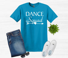 Load image into Gallery viewer, blue t shirt dance squad text