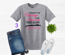 Load image into Gallery viewer, Gray t-shirt with Forget the Carriage this Princess rides in her Mom's Mustang text, jeans, sneakers, and sunglasses on a white background
