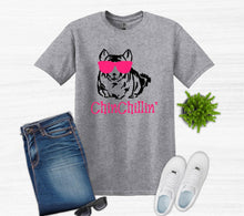 Load image into Gallery viewer, gray t shirt chinchillin' text with graphic of chinchilla wearing sunglasses