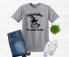 Load image into Gallery viewer, gray t shirt chinchillin' for some treats halloween shirt