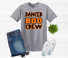 Load image into Gallery viewer, gray t shirt dancer boo crew text for halloween