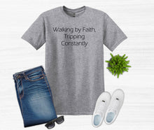 Load image into Gallery viewer, Gray t-shirt with text, blue jeans, white sneakers, and sunglasses on a white background