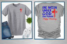 Load image into Gallery viewer, Two gray t-shirts with patriotic designs on a light gray background.