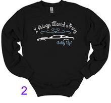 Load image into Gallery viewer, Black sweatshirt with graphic design and text on a white background