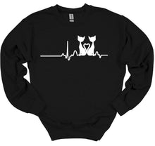 Load image into Gallery viewer, Black sweatshirt with white graphic of two cats and a heart rate line on a white background