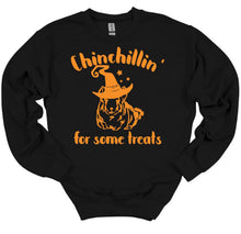 Load image into Gallery viewer, black sweatshirt chinchillin' for some treats halloween shirt