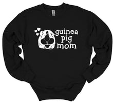 Load image into Gallery viewer, Black sweatshirt with 'guinea pig mom' text and guinea pig illustration on a white background