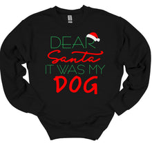 Load image into Gallery viewer, Black sweatshirt with Christmas-themed text and a Santa hat graphic on a white background