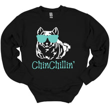Load image into Gallery viewer, black sweatshirt chinchillin' text with graphic of chinchilla wearing sunglasses
