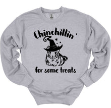 Load image into Gallery viewer, gray sweatshirt chinchillin' for some treats halloween shirt