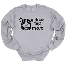 Load image into Gallery viewer, Gray sweatshirt with 'guinea pig mom' text and guinea pig illustration on a white background