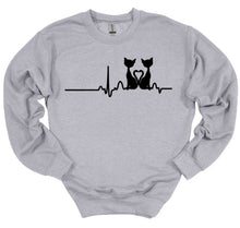 Load image into Gallery viewer, Gray sweatshirt with black cat design and heartbeat line on a white background