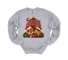 Load image into Gallery viewer, A light gray crewneck sweatshirt featuring a festive Christmas graphic of two guinea pigs wearing Santa hats under a decorated tree with the text 'Wheeking around the Christmas Tree'.