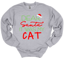 Load image into Gallery viewer, Gray sweatshirt with Christmas-themed text and Santa hat graphic on a white background