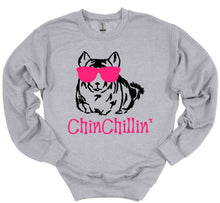 Load image into Gallery viewer, gray sweatshirt chinchillin' text with graphic of chinchilla wearing sunglasses