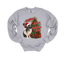Load image into Gallery viewer, A light gray crewneck sweatshirt featuring a festive Christmas graphic of a rabbit wearing a Santa hat next to a decorated Christmas tree and wrapped presents, with the text 'Hopping Around the Christmas Tree'.