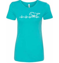Load image into Gallery viewer, Turquoise t-shirt with a white graphic design on a white background