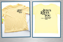 Load image into Gallery viewer, Yellow t-shirt with 'Jesus Loves You' text on a white background