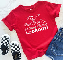 Load image into Gallery viewer, Red t-shirt with a Mustang graphic and text, checkered shoes, and jeans on a light background