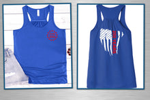Load image into Gallery viewer, Two blue tank tops with patriotic designs on a wooden surface.