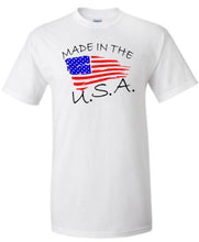 Load image into Gallery viewer, White t-shirt with 'Made in the U.S.A.' text and American flag design on a white background