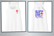 Load image into Gallery viewer, Two white tank tops with patriotic designs on a gray background