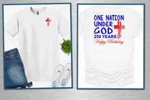 Load image into Gallery viewer, Two white t-shirts with printed designs on a gray background
