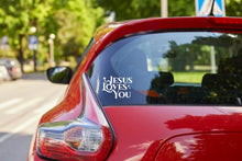 Load image into Gallery viewer, Red car with white 'Jesus Loves You' decal on the back window, parked outdoors.