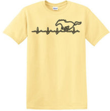 Load image into Gallery viewer, Yellow t-shirt with a horse and heartbeat line design on a white background