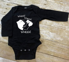 Load image into Gallery viewer, Black baby bodysuit with white graphic and text on a wooden surface
