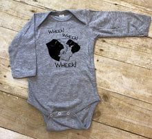 Load image into Gallery viewer, Gray baby bodysuit with black guinea pig graphic design and text on a wooden surface