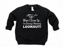 Load image into Gallery viewer, Black sweatshirt with white text and Mustang logo on a white background