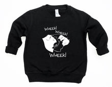 Load image into Gallery viewer, Black sweatshirt with white graphic and text on a white background