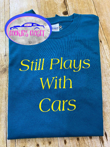 ****CLEARANCE**** Adult Green/blue Medium Still Plays with Cars Shirt Ready to Ship